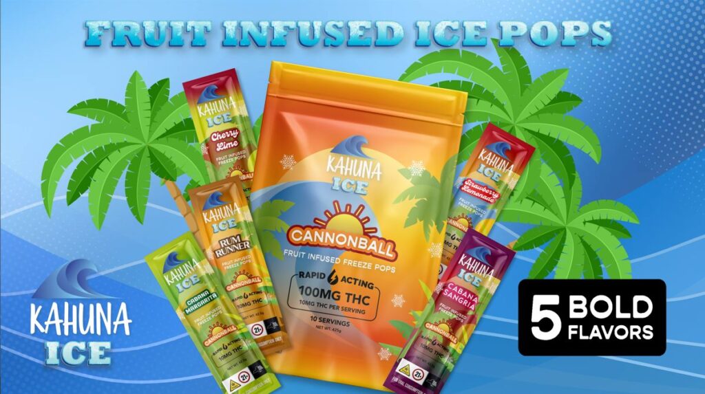 Kahuna Ice Cannonball fruit infused THC ice pops in tropical packaging with five bold flavors displayed