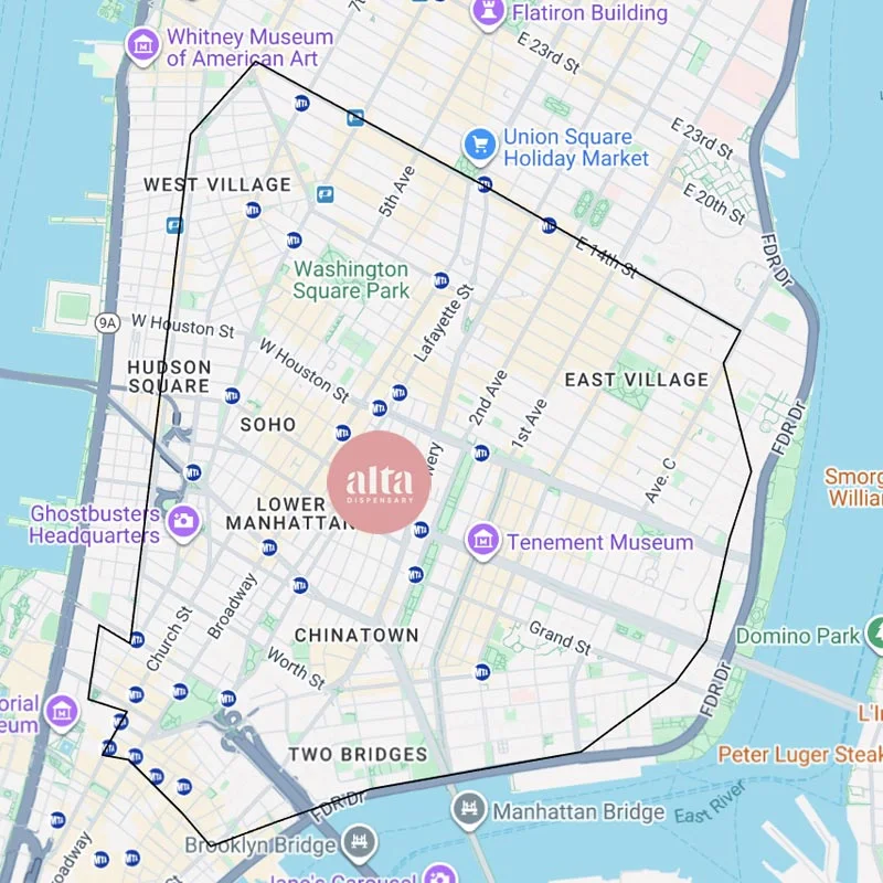 Alta Dispensary Delivery Service Area Map of Lower Manhattan