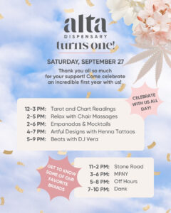 Event flyer for Alta's first anniversary celebration with activities, music, and featured vendors on Saturday, September 27