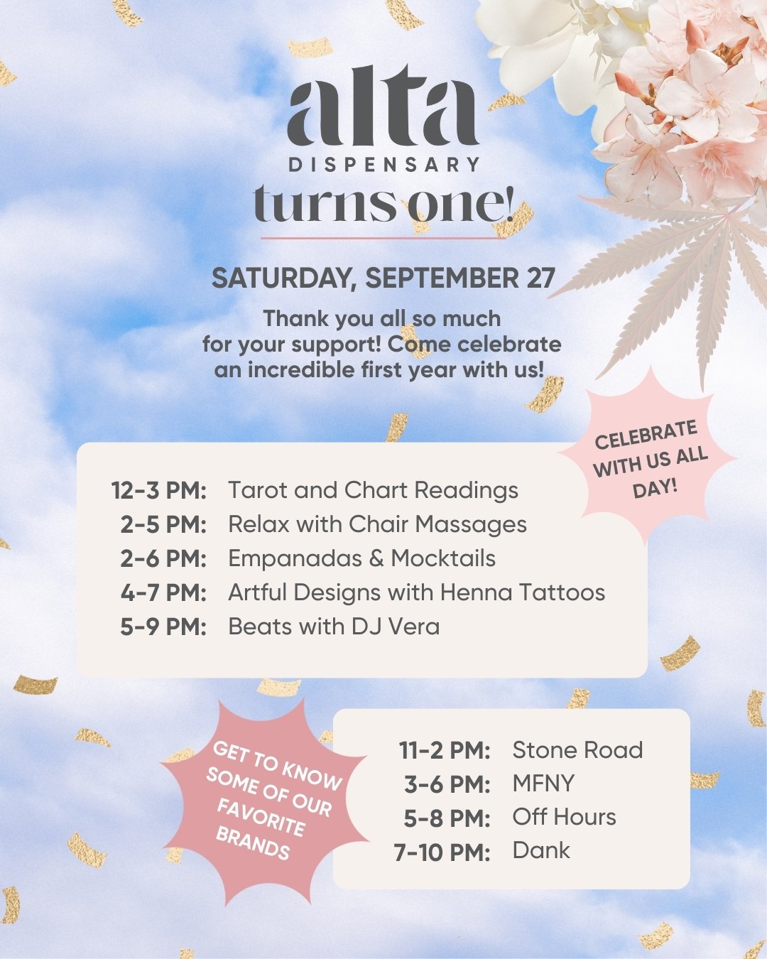 Event flyer for Alta's first anniversary celebration with activities, music, and featured vendors on Saturday, September 27